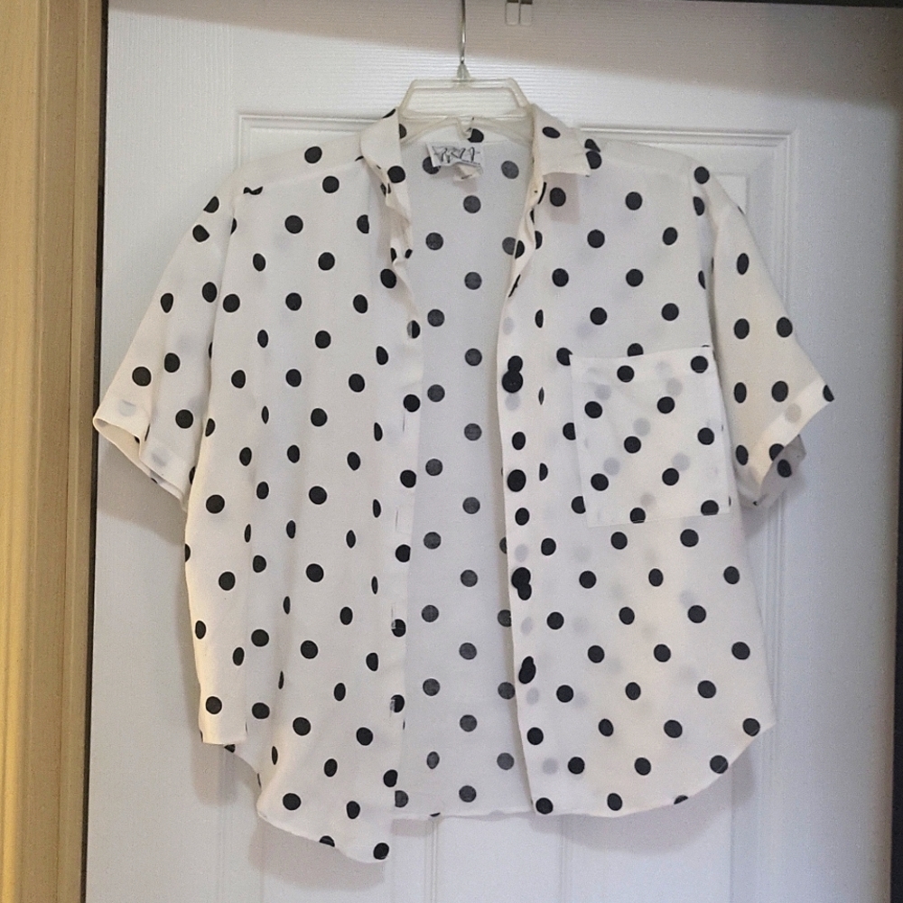 Blouse, white/black dots, Medium, Brand TRY1